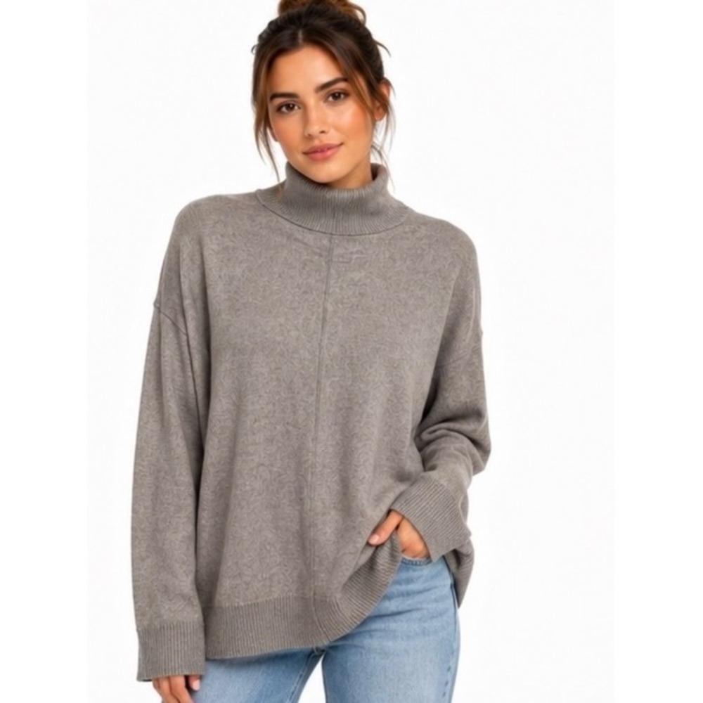 Joan Vass Women M Gray Ribbed Turtleneck Sweater Batwing Knit Quiet Luxury